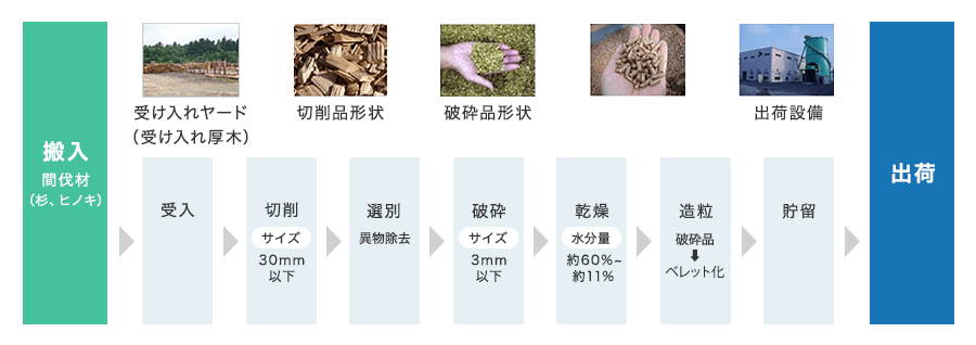 間伐材（杉、ヒノキ）を搬入し、受け入れヤードにて受け入れし、30㎜以下のサイズに切削し、異物を除去するため選別します。その後、3㎜以下に破砕し、水分量が約60%～11%になるまで乾燥し、破砕品がペレットになるように造粒、貯蔵し、出荷されます。