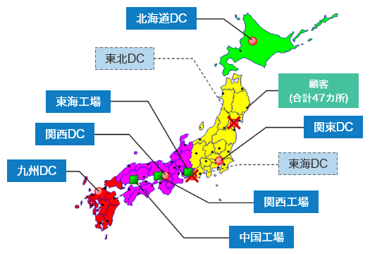 東北DC、東海DCの統廃合を行い、6拠点を北海道DC、関東DC、関西DC、九州DCの4拠点に集約し、トータルロジスティクスコストを削減。中国工場、東海工場、関西工場、顧客（合計47カ所）は変わりなし。